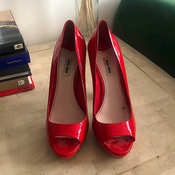 Miu Miu Red Patent Leather Peep toe heels - Picture 1 of 5